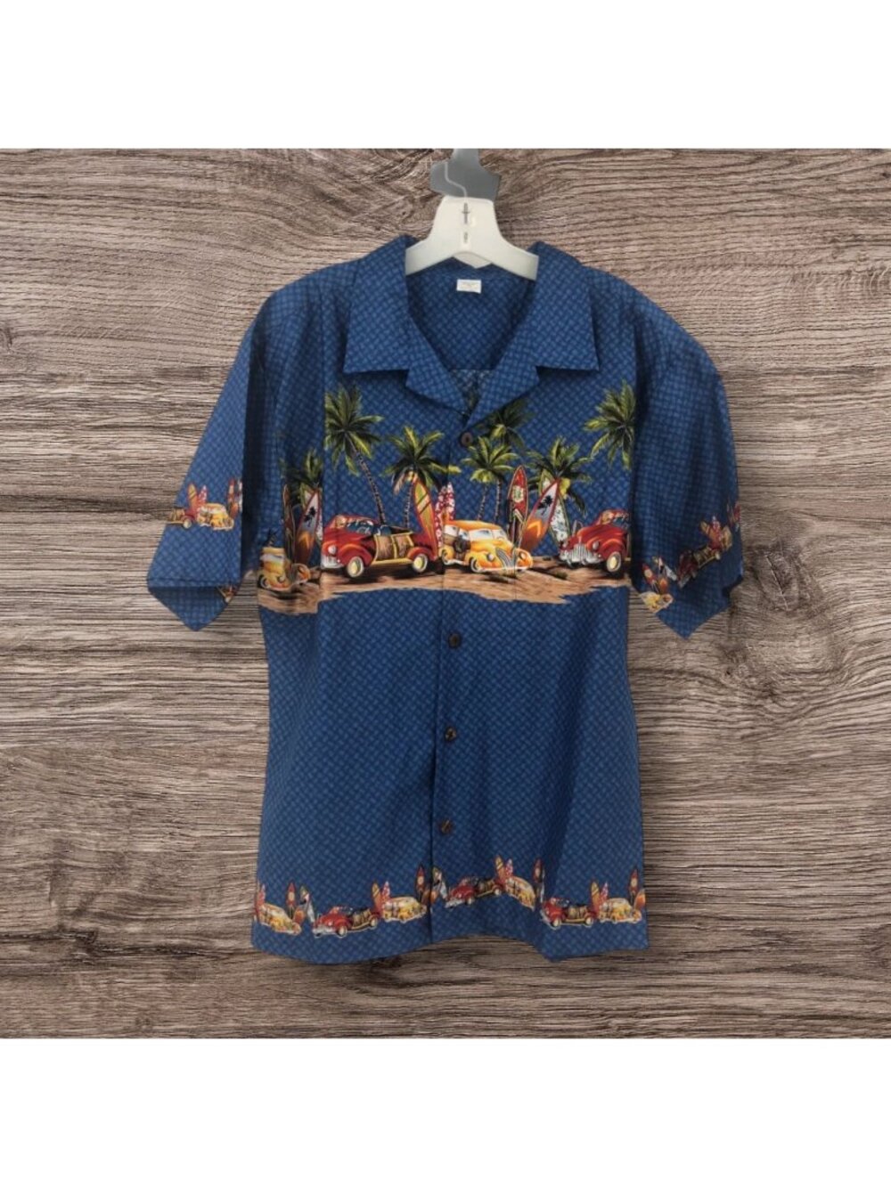 Palmwave Hawaii Blue Woody Surfboard Button Front Hawaiian Shirt, M